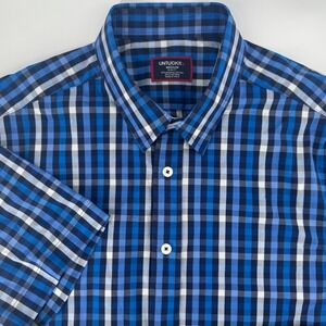 UNTUCKit Mens Slim Fit Short Sleeve Shirt Dark Blue Check Plaid 41576 Medium